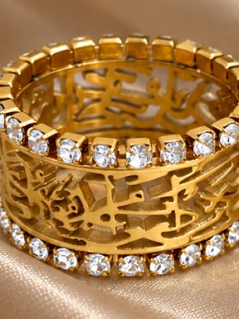 Waterproof Gold Tone Openwork Wide Band Ring with Clear Stones